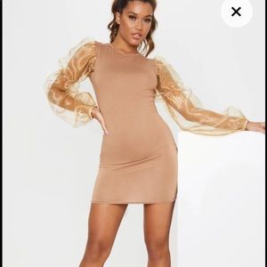 PrettyLittleThings Camel Puff Sleeve Organza Dress